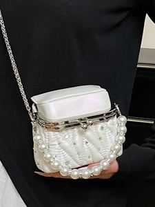 White quilted mini crossbody bag with pearl handle and rhinestone chain for women