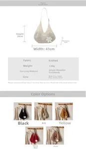 Size guide and color options for hollow knit shoulder bag with 3D flower detail