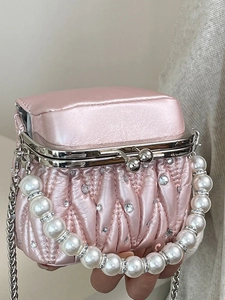 Pink quilted mini evening bag with pearl handle and rhinestone chain for women
