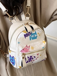 Mini cream graffiti backpack with cartoon cats and stars for stylish women fashion bag