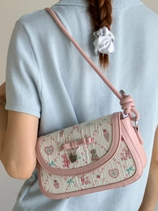 Pink ballet-style crossbody bag for women with floral bear print and 3D bow detail
