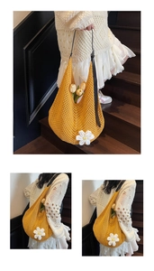 Detail of yellow hollow knit hobo bag with white daisy charm and black leather strap