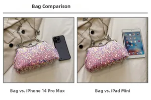 Pink sequin evening bag size comparison next to iPhone and iPad for scale reference
