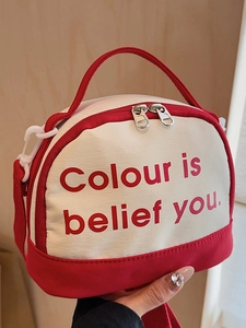 Mini red and white canvas crossbody bag with double zippers and top handles for women