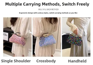 Detailed views of sequined shell evening bag used as a handbag and crossbody clutch