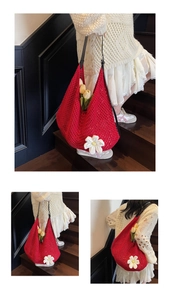 Detail of red hollow knit shoulder bag with 3D white daisy and large capacity interior