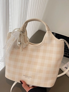 Sac à Épaule en Cuir PU à Carreaux Gingham pour Femmes Avec Pendentif Ruban Künstliche Perle Sac Fourre-Tout Mode Quotidien
