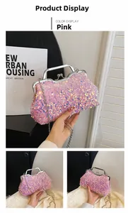 Detailed views of pink sequin evening clutch bag with silver metal frame and chain