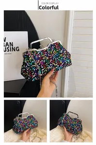 Detailed views of multi-color sequin evening bag with silver chain and clasp closure