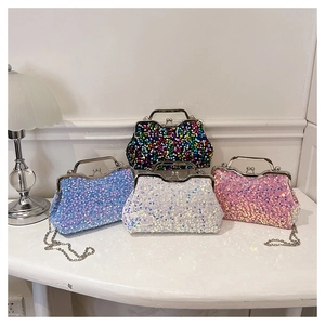 Selection of sequined shell evening bags with metal handles and chain straps in four colors