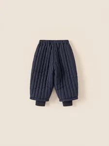 Quilted warm navy blue kids trousers with elastic waist and ribbed cuffs for boys and girls