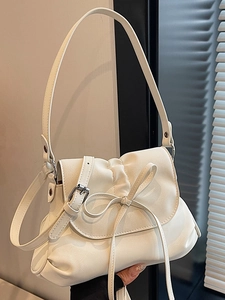 Fashion Women PU Leather Bow Shoulder Bag Balletcore Minimalist Underarm Bag Solid Color Small Crossbody Bucket Bag Ladies
