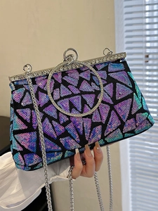Elegante borsa da sera con paillettes sfumate blu viola e manico ad anello argento