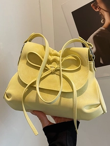 Stylish yellow ballet-style bow shoulder bag in lychee pattern PU leather for women