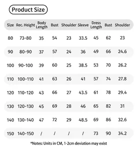 Detailed size chart for girls' traditional dress set covering sizes 80 to 150