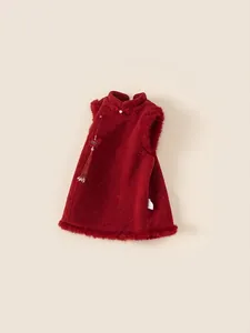 Traditional red Chinese New Year dress vest for girls with fur trim and pearl buttons