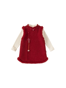 Chinese style red plush dress set with ivory long sleeve shirt for girls festival wear