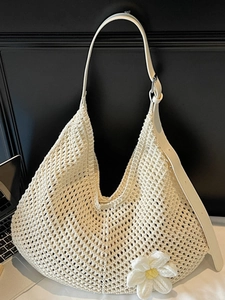 Summer Knitted Hollow Out Shoulder Bag For Women Handmade Crochet Tote Bag With Large Flower Decoration Beach Vacation Handbag