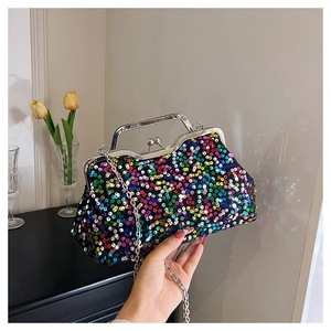 Macro shot of colorful sequin evening bag featuring silver metal frame and wavy top handle
