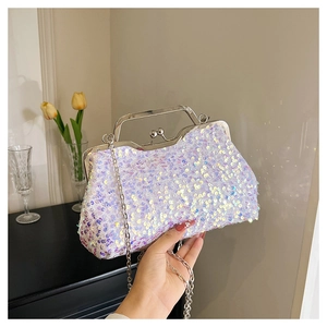 Detailed close-up of iridescent sequin shell bag with silver bead clasp and chain