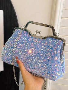 Elegant Sequin Shell Evening Bag For Women Fashion Vintage Metal Frame Clutch With Detachable Chain Shoulder Crossbody Party Bag