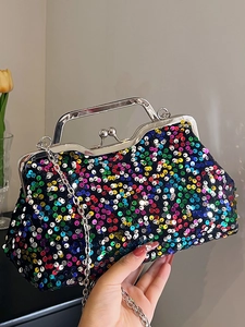 Chic multi-color sequin evening bag with silver metal frame and chain shoulder strap