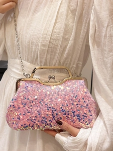 Pink sequin shell evening bag with gold chain strap and kiss-lock closure