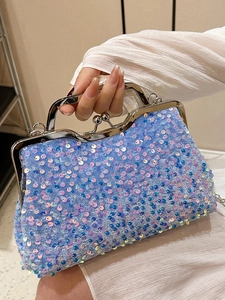 Elegant sequined shell evening bag with silver metal handle and iridescent finish