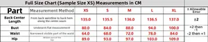 Detailed size chart for black velvet evening dress showing measurements from XS to XL