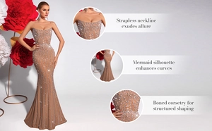 Détails de la robe sirène champagne avec perles lourdes et structure corset interne