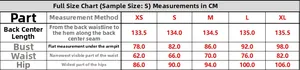 Detailed sizing chart for the sequin evening gown showing XS to XL measurements in CM