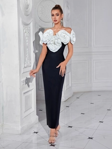 Elegant off-shoulder bandage dress with 3D white flowers and a slim black maxi skirt