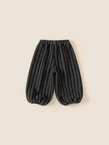 Deep grey and black striped thick fleece lined boys tapered pants with elastic waistband