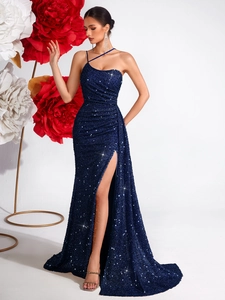 Robe de Soirée Élégante Bleu Marine à Paillettes Une Épaule Fente Haute Dos Nu Robe de Fête Formelle pour Femmes