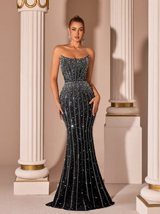 Robe de Soirée Sirène Bustier de Luxe avec Strass Robe Maxi Moulante Scintillante Élégante pour Femme Mariage Banquet