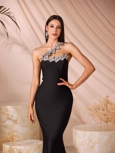 Elegante Vestito Lungo Monospalla con Strass da Donna Vestito da Sera a Sirena Aderente per Banchetto Compleanno Festa