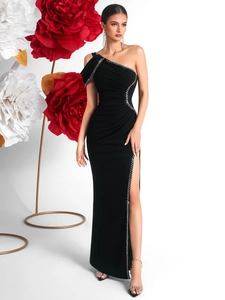 Robe de Soirée Élégante à une Épaule pour Femme avec Strass Fente Haute Bodycon Bandage Robe de Bal Longue