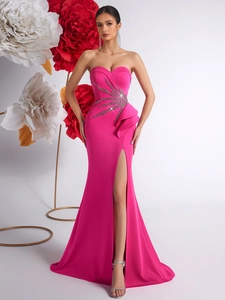 Women Strapless Heavy Rhinestone Ruffle Maxi Dress Slim Fit High Slit Evening Gown Rose Red Banquet Party Dress