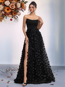 Elegant black strapless evening gown with 3D floral appliques and high side slit