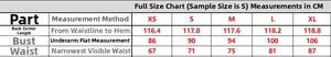 Size chart table with chest, waist, and length measurements for women's elegant slit dress