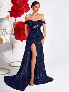Robe de Soirée Sexy Bleu Marine Épaules Dénudées Paillettes Strass Taille Évidée Fente Haute Traîne Robe Maxi Femme Banquet