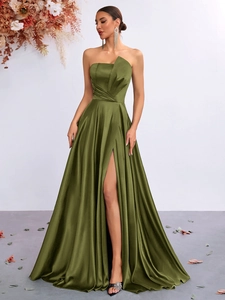 Women Sexy Strapless Satin Evening Gown Elegant Slim Fit Ruched Waist High Slit Maxi Dress For Wedding Banquet Party