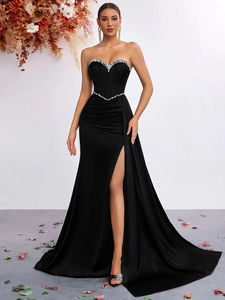 Luxurious Strapless Rhinestone High Split Evening Dress Elegant Polyester Satin Formal Banquet Long Gown For Women Party Wear Black
