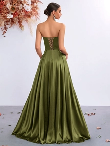 Elegant olive green satin strapless dress with a lace-up back and A-line split skirt