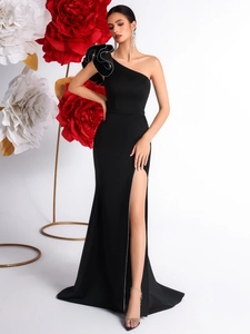 Elegant one-shoulder black evening gown with 3D ruffle detail and high slit for women