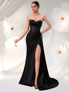 Women Strapless Corset Evening Gown High Slit Floor Length Bodycon Maxi Dress Elegant Sleeveless Fishbone Banquet Party Dress