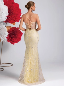Elegant backless butterfly embroidered fish tail evening gown in pale yellow mesh lace