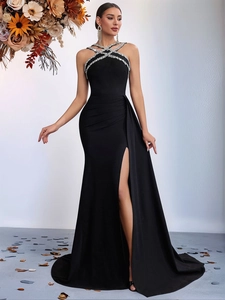 Elegant Halter Neck Rhinestone Evening Dress For Women Slim Fit Fish Tail High Slit Maxi Dress Banquet Formal Party Gown