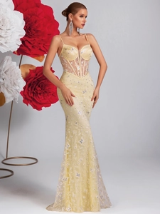Elegant butterfly embroidered fishtail evening gown with mesh bodice and corset waistline