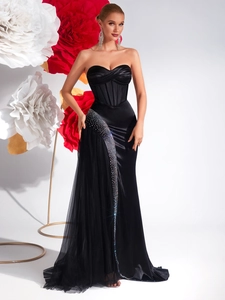 Robe de soirée bustier noire élégante avec corset en satin et détails en strass et tulle
